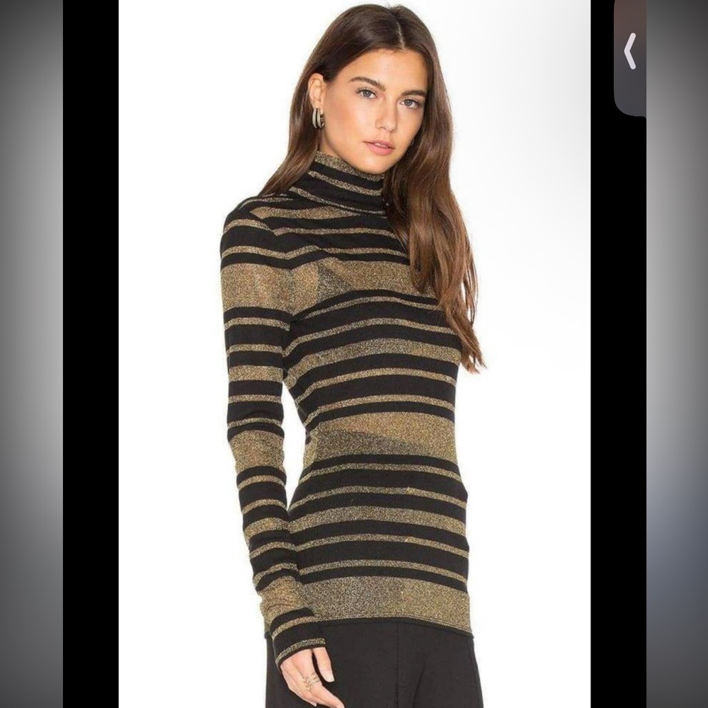 BCBG Maxazria Brinne Striped Black and Gold Sheer Turtleneck XS